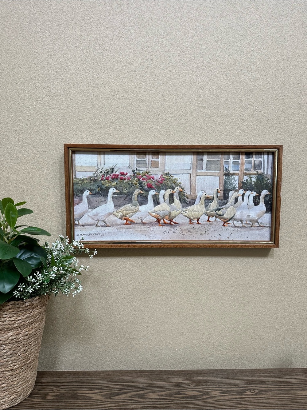 Cottagecore Framed Duck Geese Embroidery Art Signed by Dalina Darton